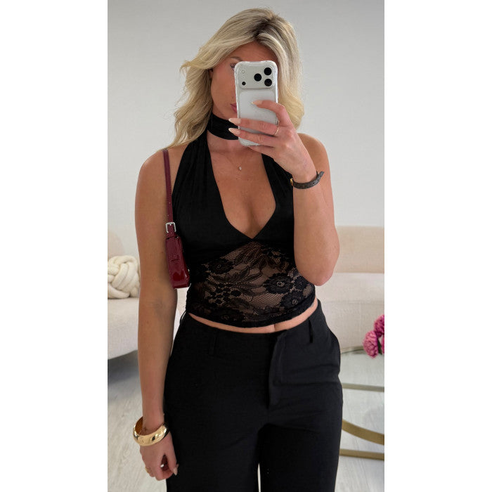 Top dentelle noir col