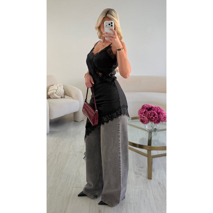 Top dentelle noir satin asymétrique