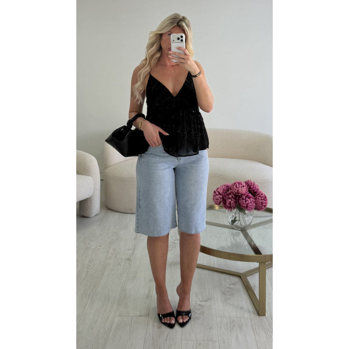 Top évasé sequins noir