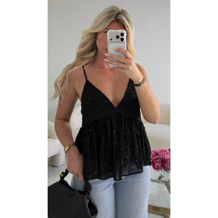 Top évasé sequins noir