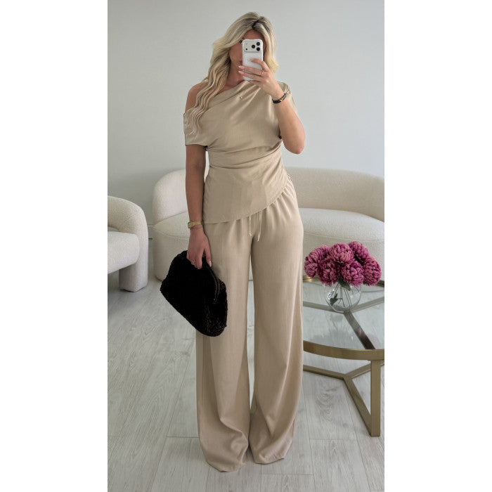 Top lin beige drapé asymétrique