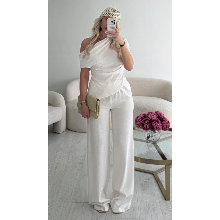 Top lin blanc drapé asymétrique