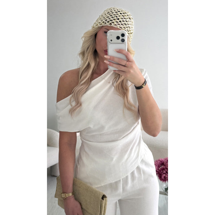 Top lin blanc drapé asymétrique
