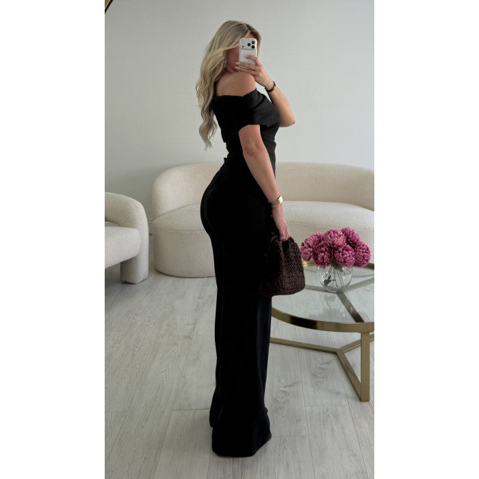 Top lin noir drapé asymétrique