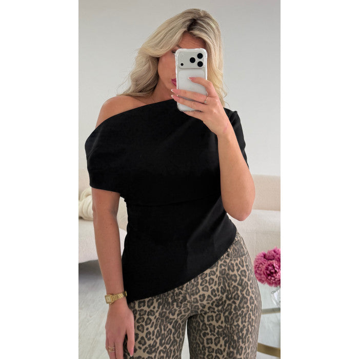 Top noir drapé asymétrique