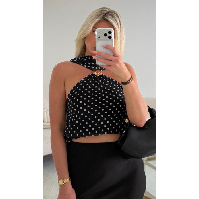 Top pois ras cou coquillage noir