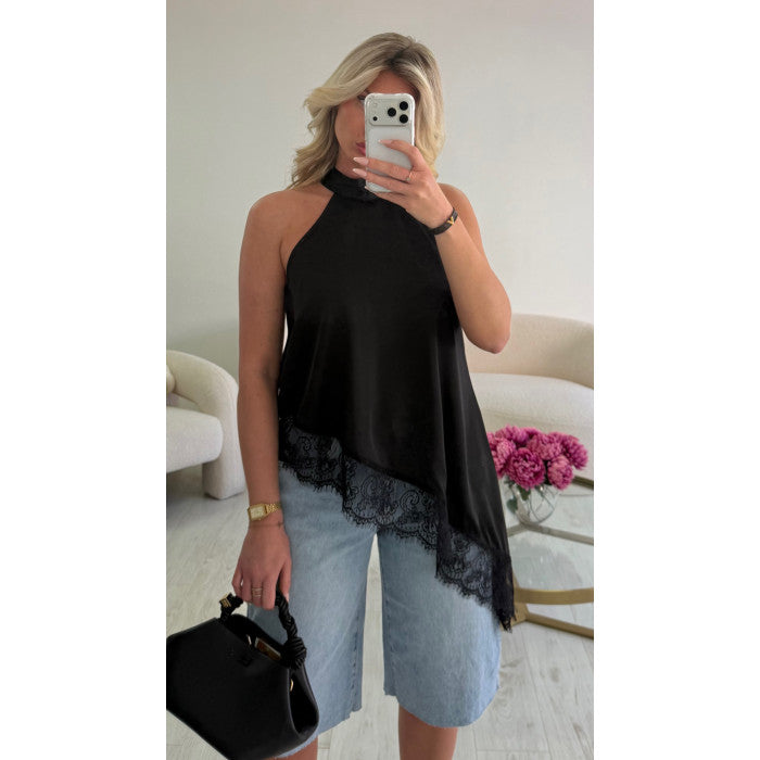 Top ras cou dentelle asymétrique noir
