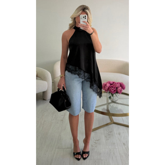 Top ras cou dentelle asymétrique noir
