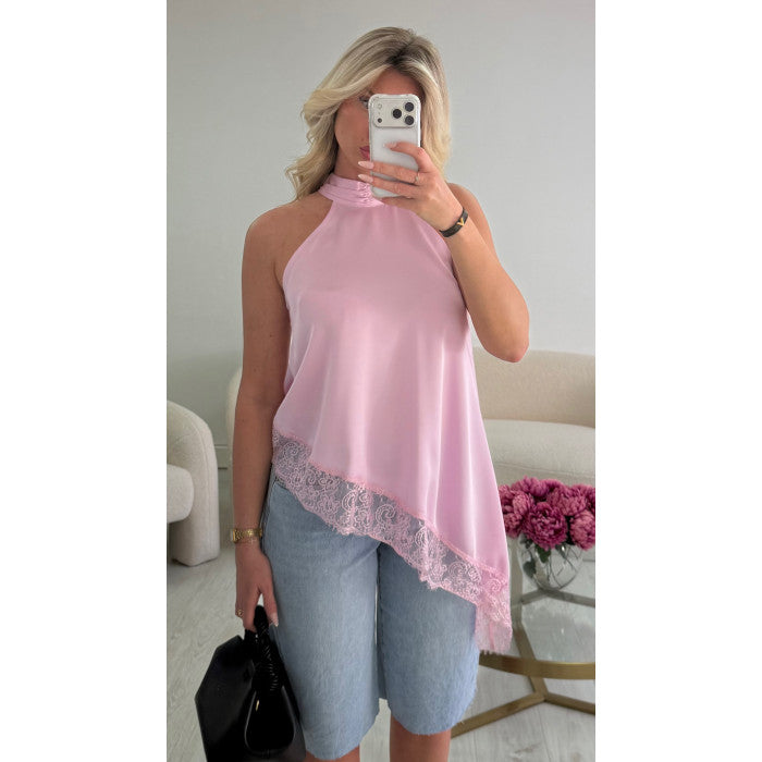 Top ras cou dentelle asymétrique rose