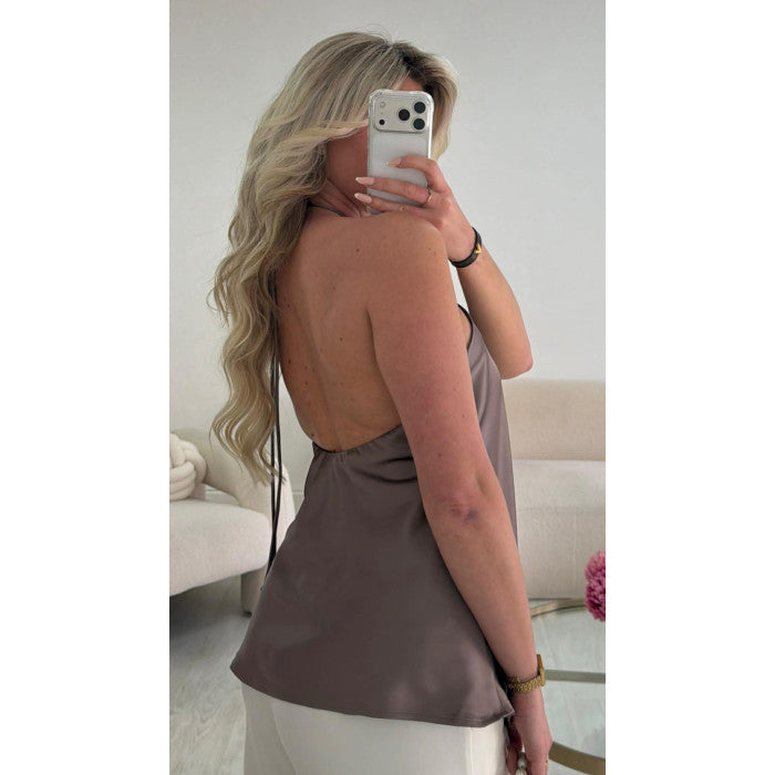 Top taupe satin dos nu