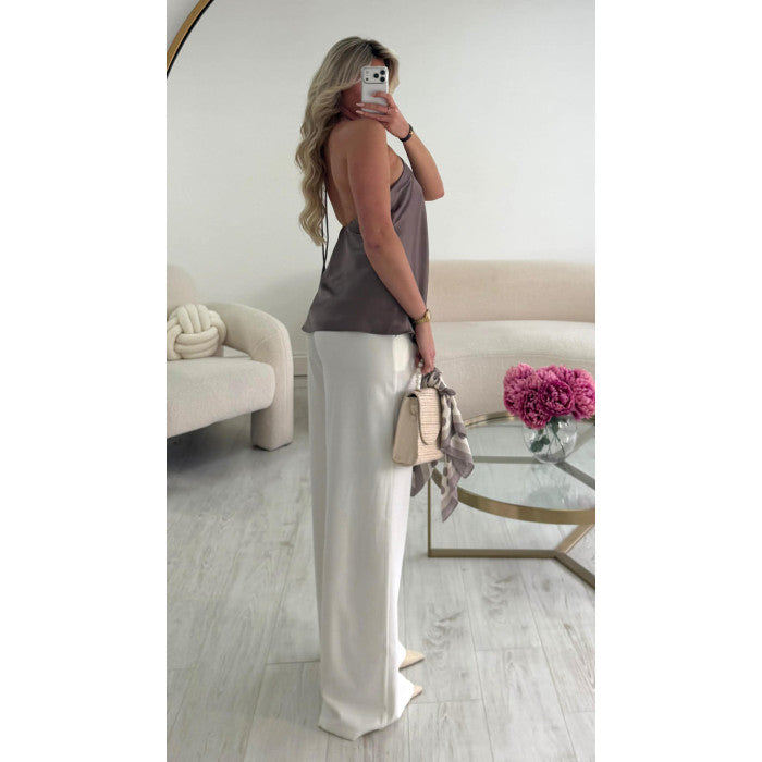 Top taupe satin dos nu