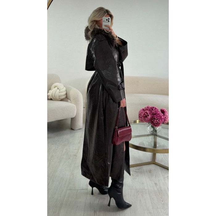 Trench long simili brillant cintré choco Premium