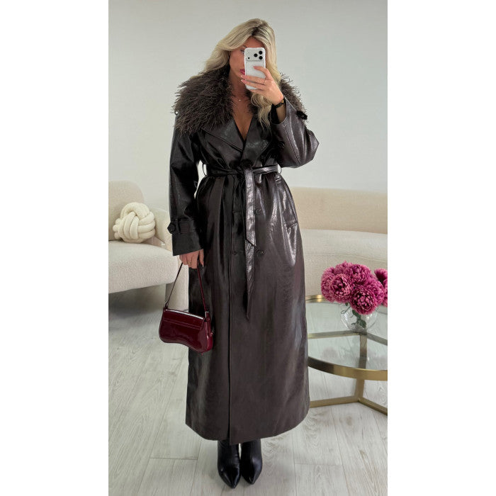 Trench long simili brillant cintré choco Premium